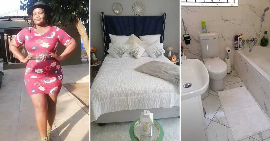 The lady has a stunning cottage with marble flooring and tiles, a stylish bedroom, and more The lady has a stunning cottage with marble flooring and tiles, a stylish bedroom, and more