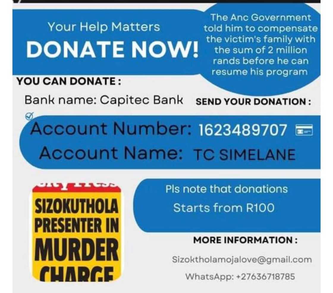 Poster 2 of the 'Sizokthola' fundraising scam alert issued by Moja Love. The scammer asked for R2M in legal fees for host Xolani Khumalo. Poster 2 of the 'Sizokthola' fundraising scam alert issued by Moja Love. The scammer asked for R2M in legal fees for host Xolani Khumalo.