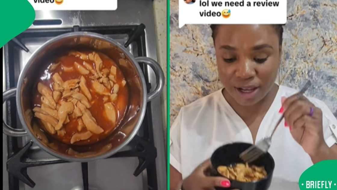 The picture on the left showed the canned chicken strips being cooked in a pot The picture on the left showed the canned chicken strips being cooked in a pot