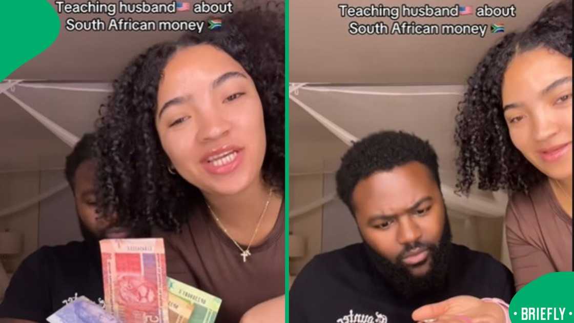 A man appeared focused as he listened to her explain the coins and notes A man appeared focused as he listened to her explain the coins and notes