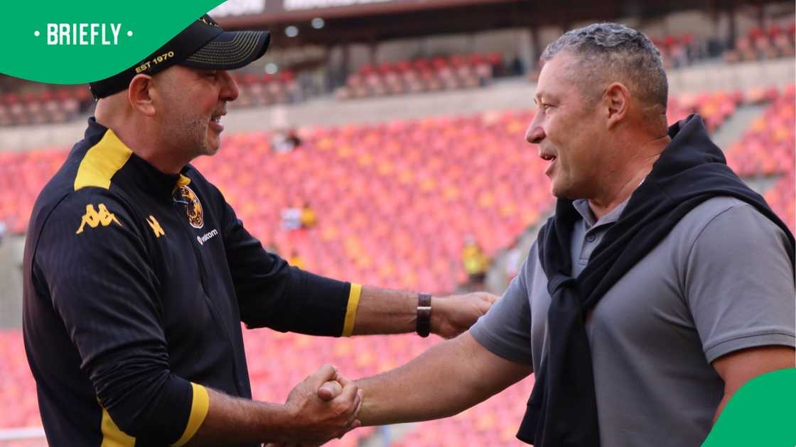 Steve Barker and Nasreddine Nabi meet during Kaizer Chiefs and Stellenbosch FC match in the Nedbank Cup.