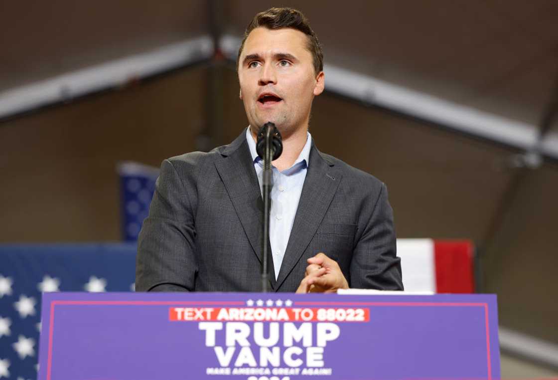 Charlie Kirk gives remarks at a campaign rally. Charlie Kirk gives remarks at a campaign rally.