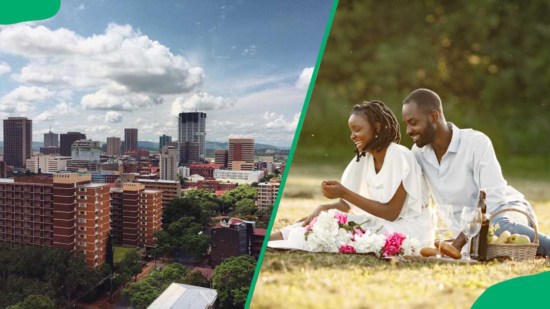 An overview of Pretoria city and couple enjoying themselves at a park An overview of Pretoria city and couple enjoying themselves at a park