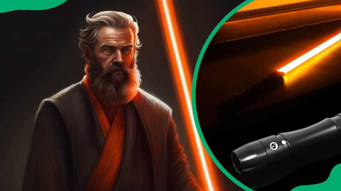 A man wielding an orange lightsaber A man wielding an orange lightsaber