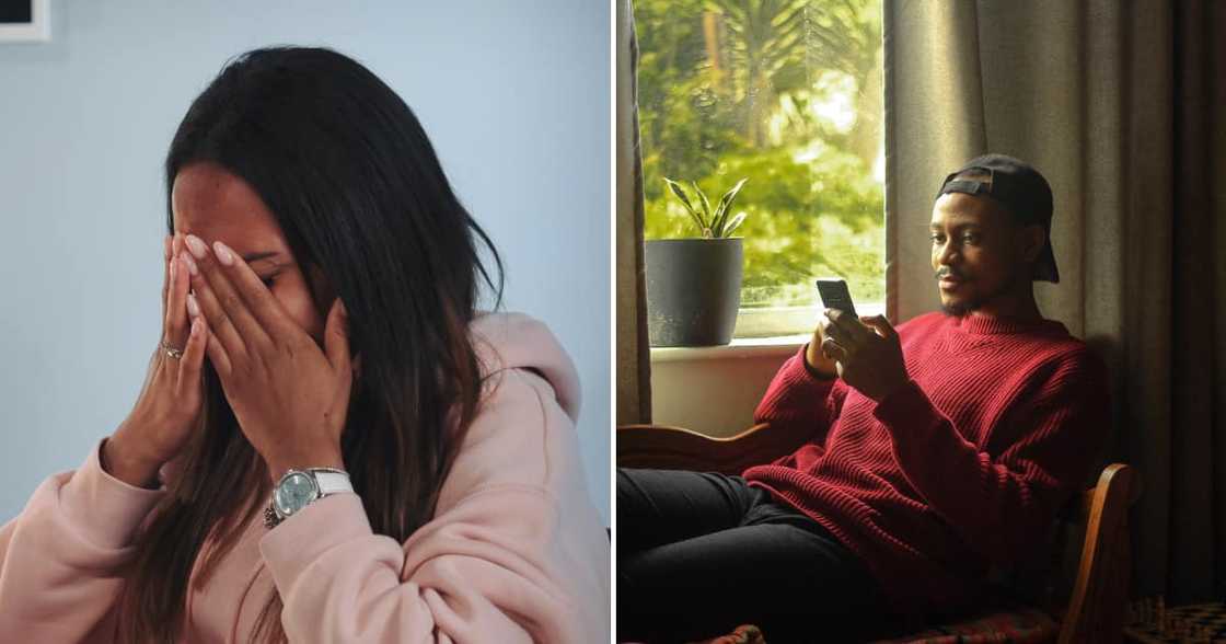 Sad woman and man on cellphone Sad woman and man on cellphone