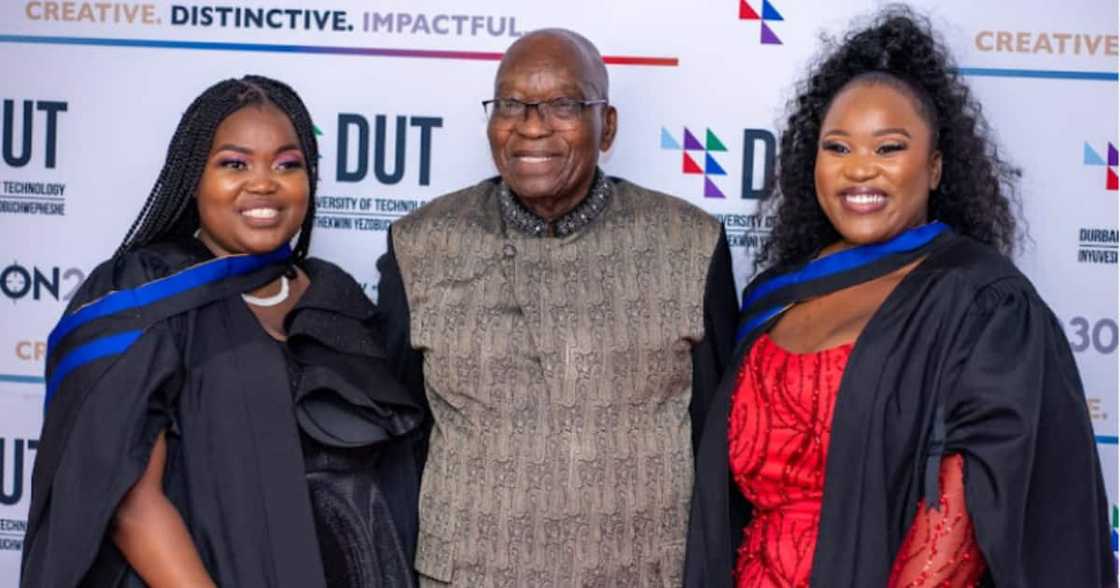 Former president Jacob Zuma with his niece Philile Zuma and his daughter Bridget Zuma after their graduation ceremony Former president Jacob Zuma with his niece Philile Zuma and his daughter Bridget Zuma after their graduation ceremony