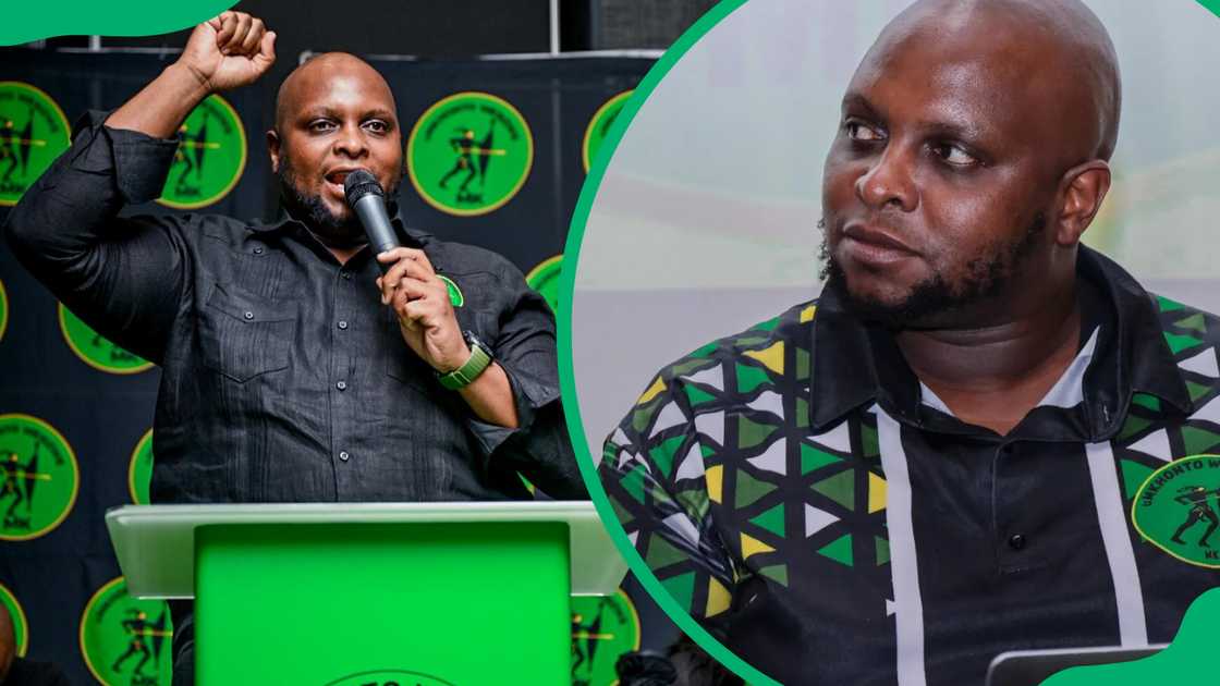Floyd Shivambu makes a passionate appeal as he speaks with his fist up and he listens to people speaking in an uMkhonto weSizwe collar tee