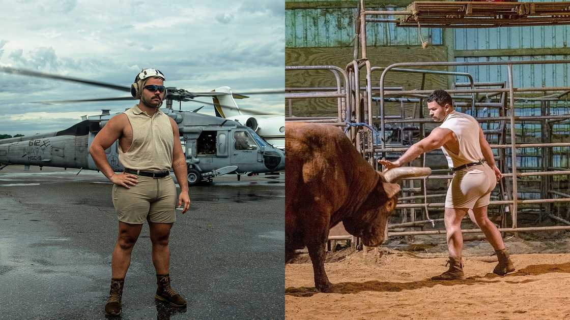 Frankie LaPenna is pictured in his signature outfit standing in front of an aircraft and while touching a bull's horn