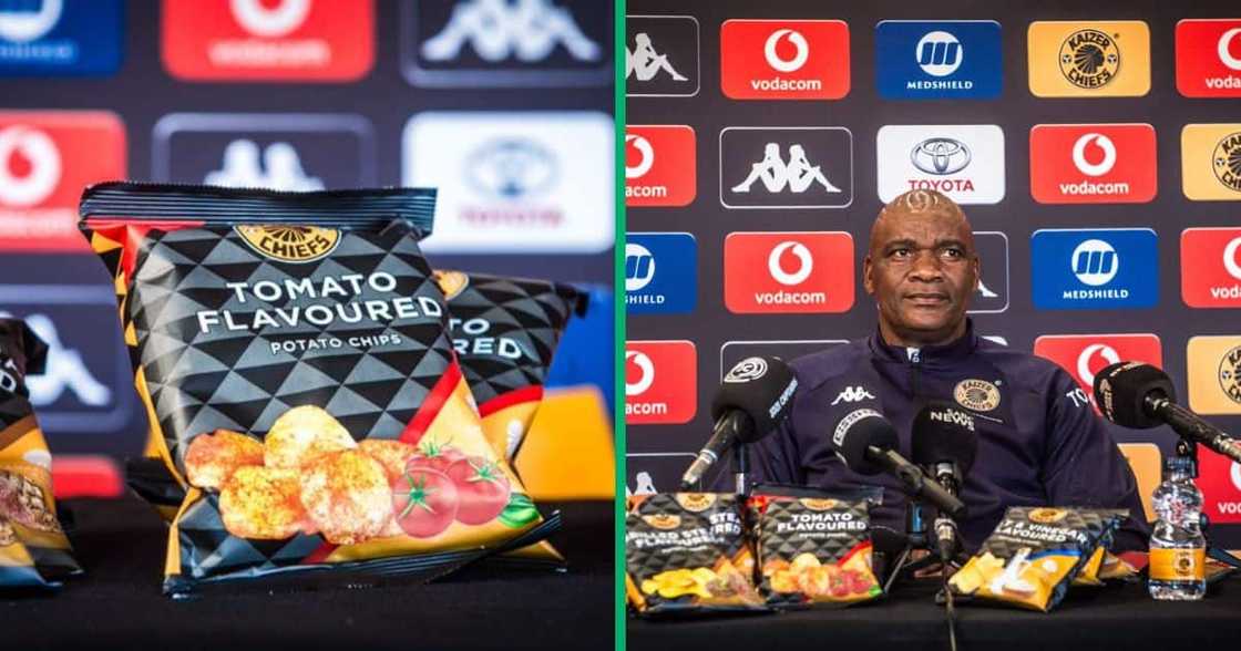 Kaizer Chiefs launched a new snack range, and coach Molefi Ntseki posed with them Kaizer Chiefs launched a new snack range, and coach Molefi Ntseki posed with them