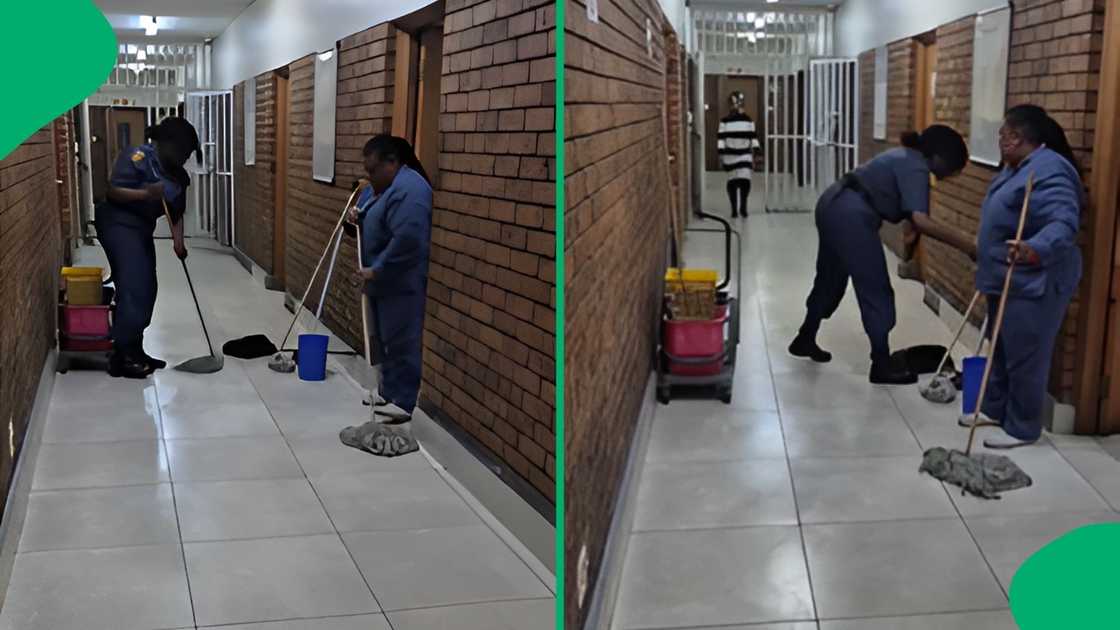 Viewers praised the officer's kindness after she picked up a mop to assist an overworked cleaner