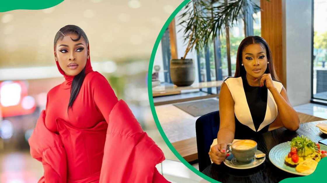 Omuhle Gela is posing for pictures in all red and white and black outfits