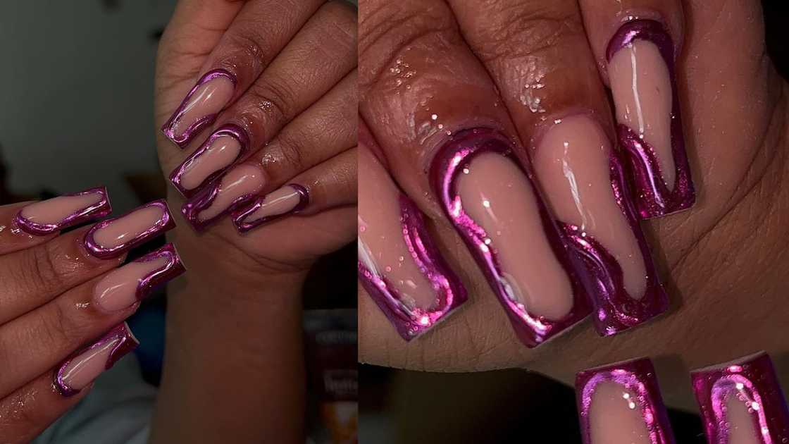 Clear with shiny pink 3-D pattern nails Clear with shiny pink 3-D pattern nails