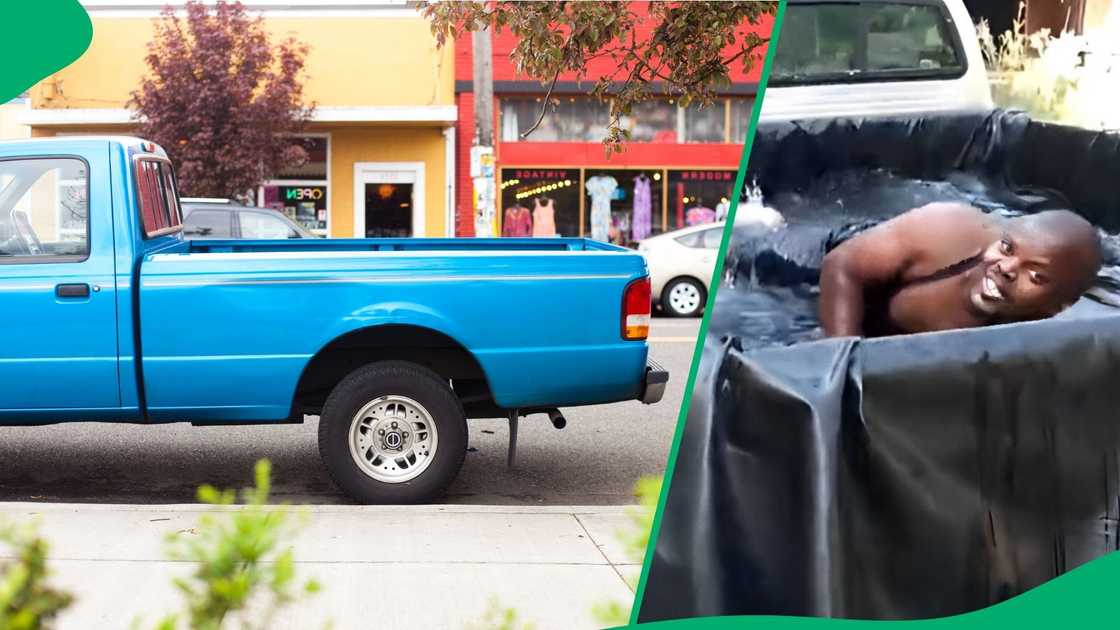 A man filled the back of a bakkie with water. A man filled the back of a bakkie with water.