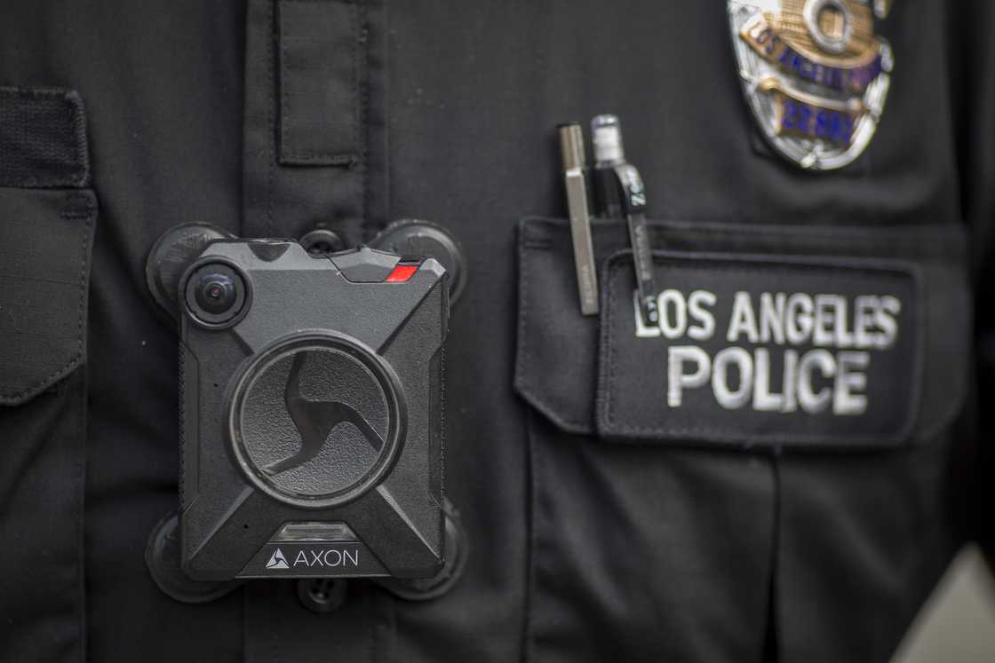 A police officer in Los Angeles with a body camera. A police officer in Los Angeles with a body camera.