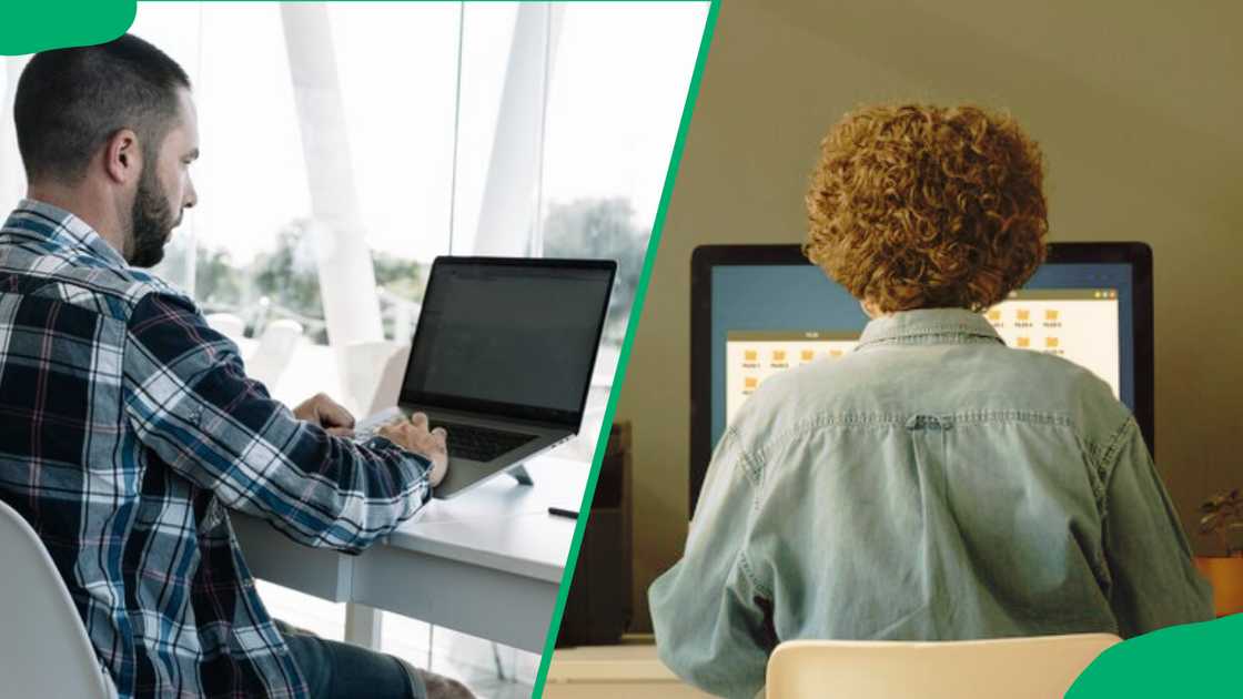 Woman working at desk back view and a Man working in front of the laptop in a workspace Woman working at desk back view and a Man working in front of the laptop in a workspace