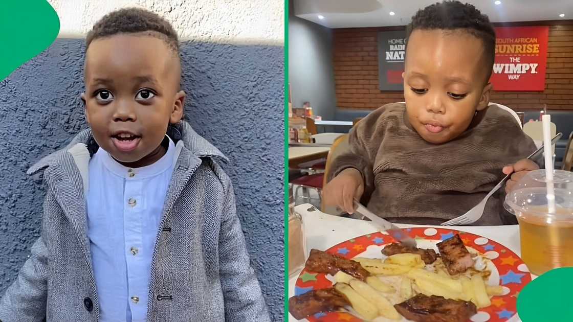 A TikTok video shows a two-year-old eating with a fork and knife.