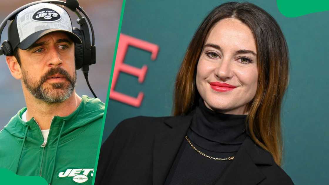 NFL star Aaron Rodgers at a 2023 game against the Miami Dolphins (L). Shailene Woodley at the TIME Women of the Year 2024 Gala (R)