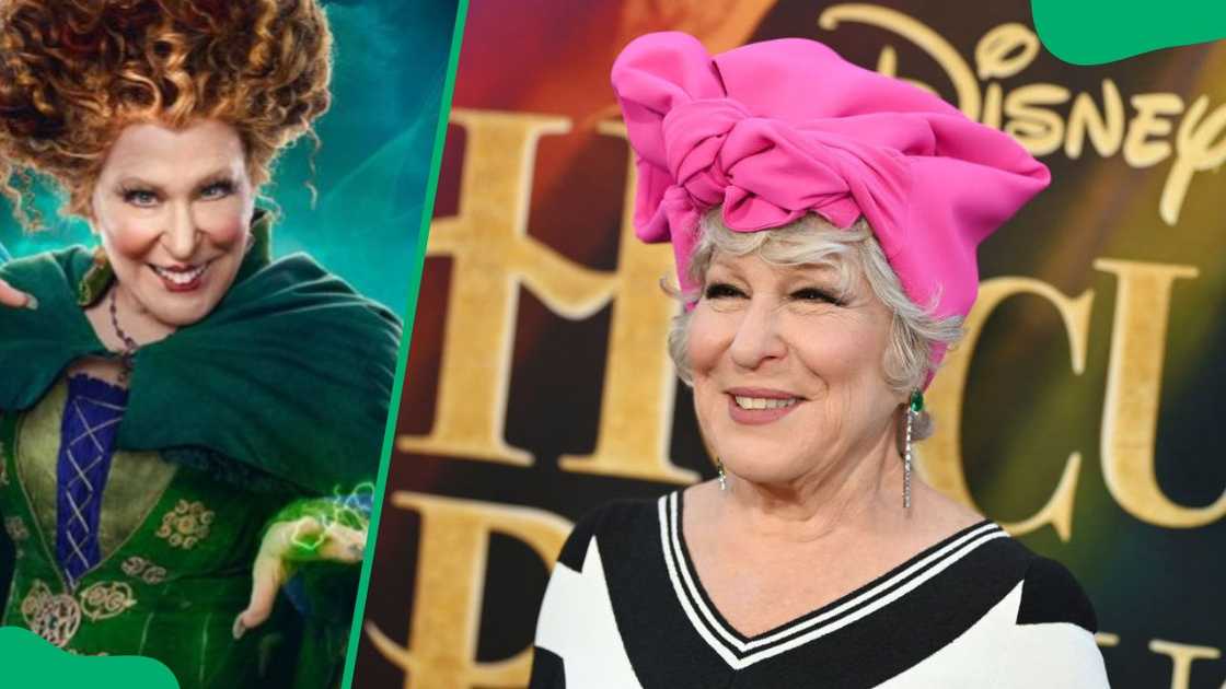 Bette Midler as Winifred Sanderson (L). The actress at Hocus Pocus 2 2022 premiere (R) Bette Midler as Winifred Sanderson (L). The actress at Hocus Pocus 2 2022 premiere (R)