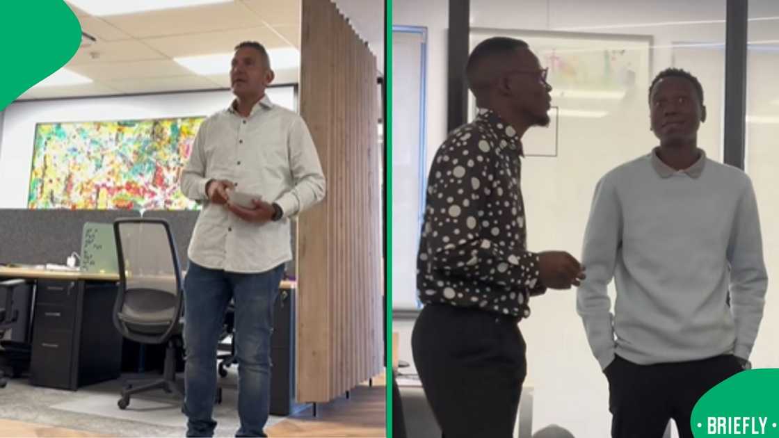 The visual on the right showed two new employees at the company as they were being pranked