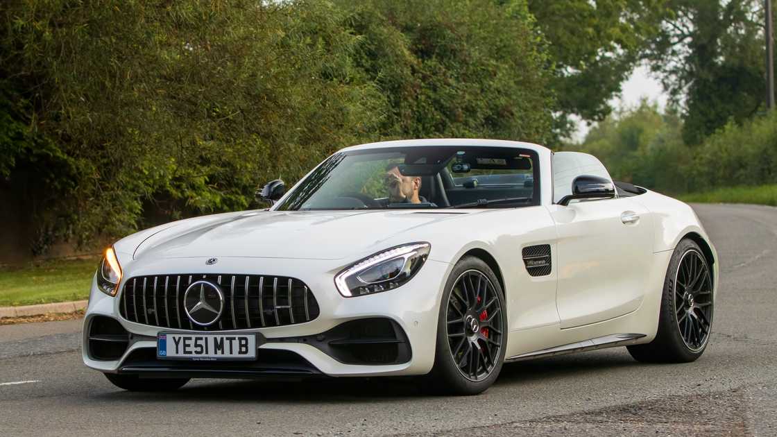 A white 2017 Mercedes Benz AMG GT in Whittlebury, Northants, UK