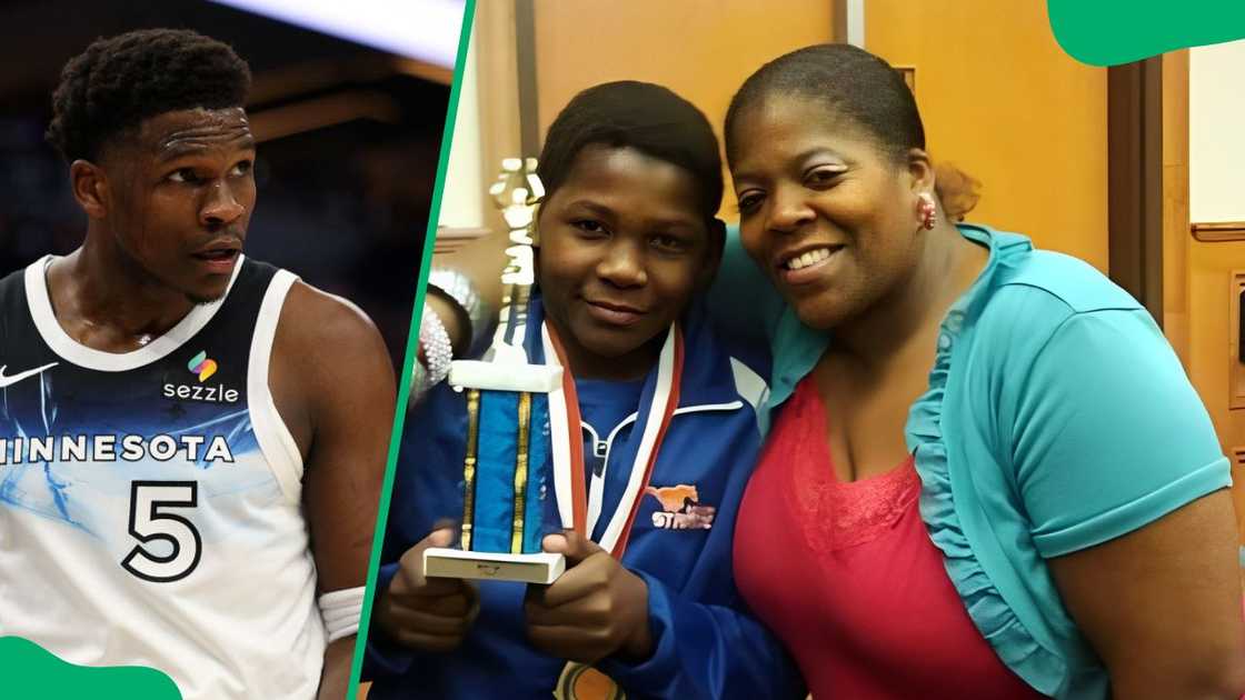 Anthony Edwards during a 2025 NBA match at Target Center (L). The sportsman and his late mother, Yvette (R)