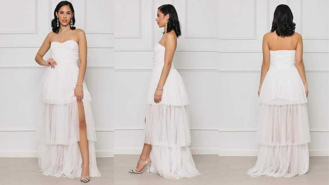 Off-shoulder tiered tulle gown with sweetheart neckline Off-shoulder tiered tulle gown with sweetheart neckline