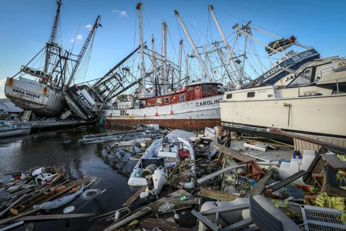 Boats piled up and destroyed by Hurricane Ian are seen on San Carlos Island in Fort Myers Beach, Florida, on November 7, 2022