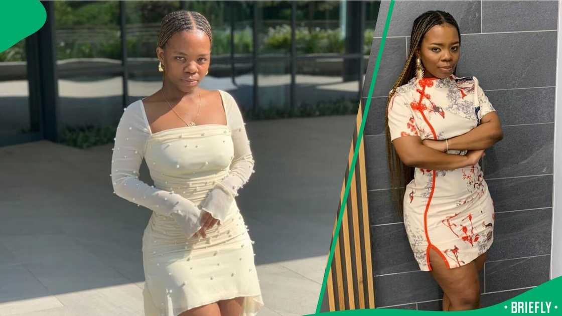 A woman showed off her outfit as seen on the Shein website versus how it looked on her body. A woman showed off her outfit as seen on the Shein website versus how it looked on her body.