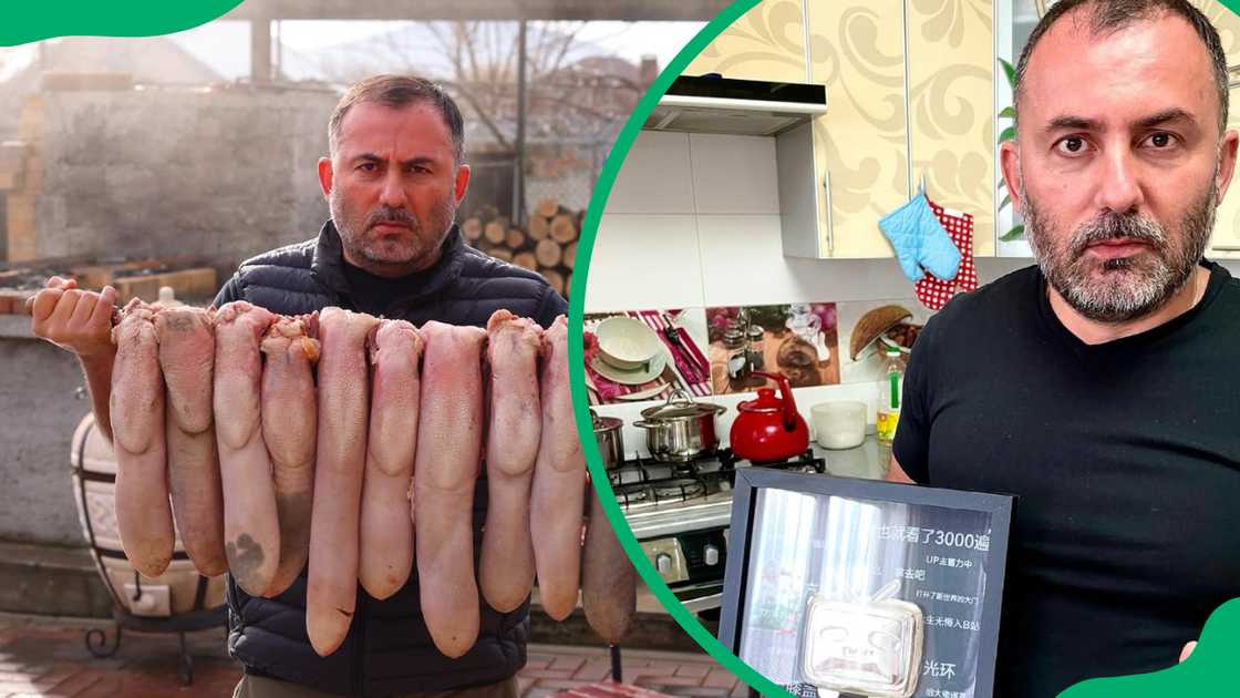 Georgy Kavkaz holds raw cow tongues, and a Bilibili award