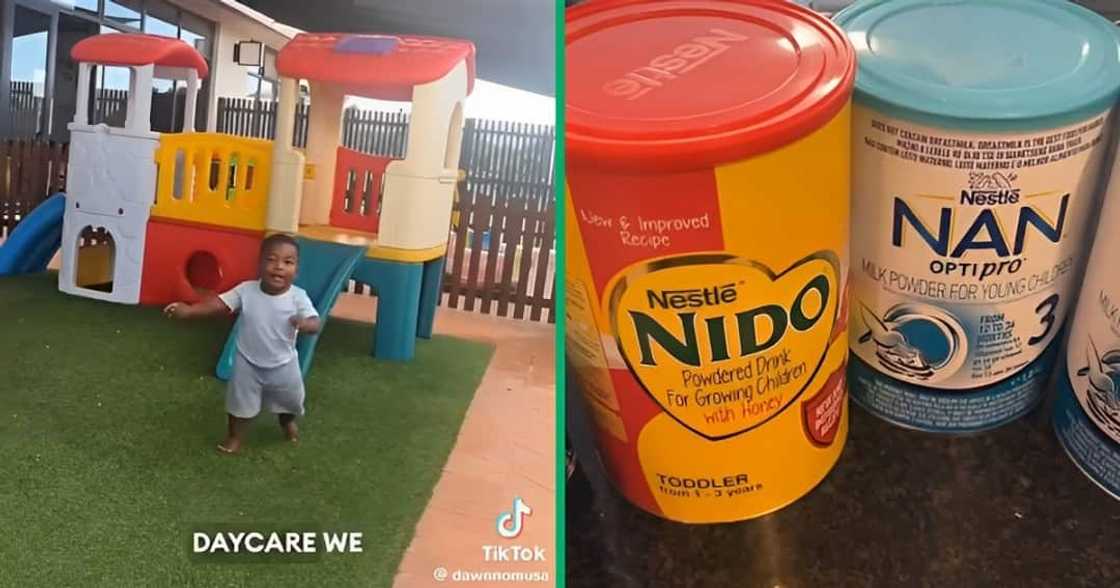 A little boy playing at his creche and cans of formula