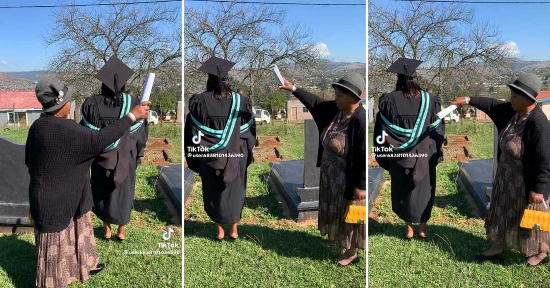A woman celebrated her graduation day at the gravesite A woman celebrated her graduation day at the gravesite