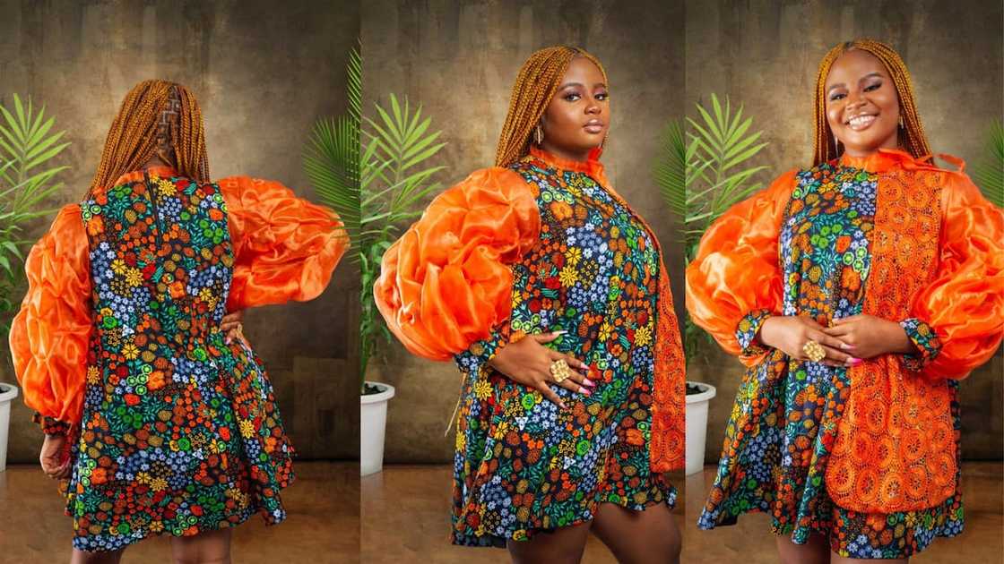 Fabric-mix flare gown with puffy sleeves Fabric-mix flare gown with puffy sleeves