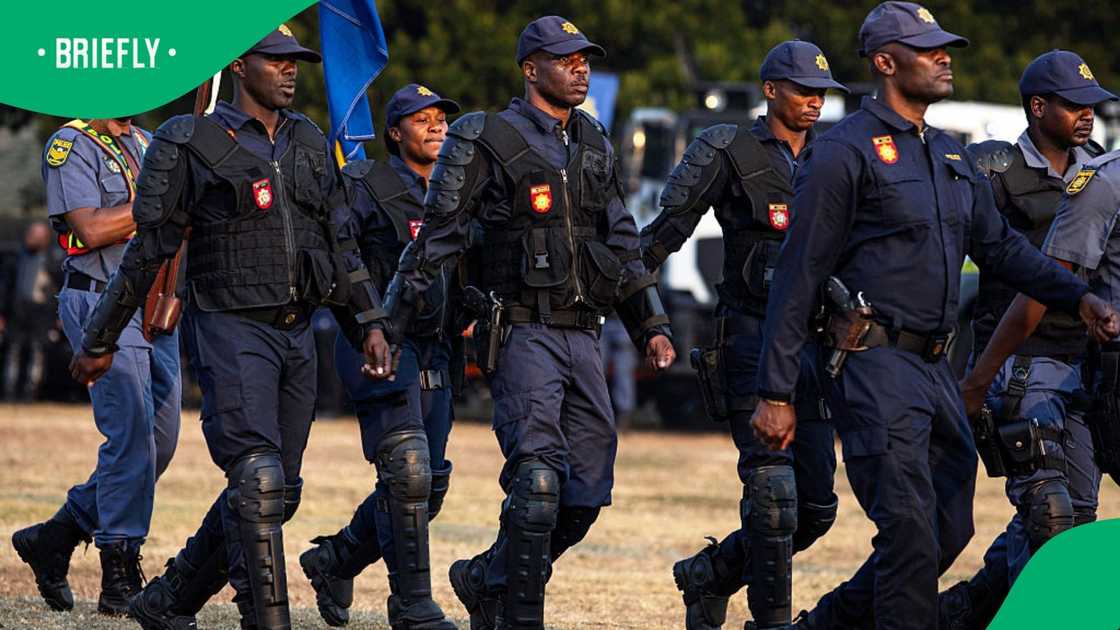 Officers in the South African Police Service (SAPS) participate in a parade at FNB Stadium on June 26, 2026 in Johannesburg, South Africa Officers in the South African Police Service (SAPS) participate in a parade at FNB Stadium on June 26, 2026 in Johannesburg, South Africa
