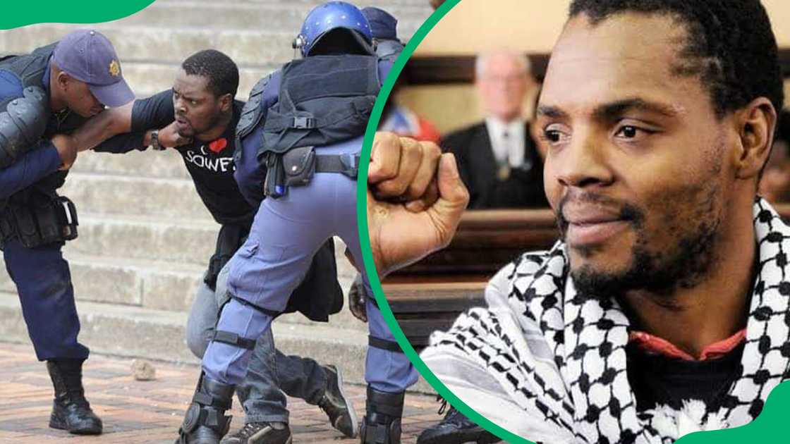 Mcebo Dlamini protesting high fees and wearing kaffiyeh in support of Palestine