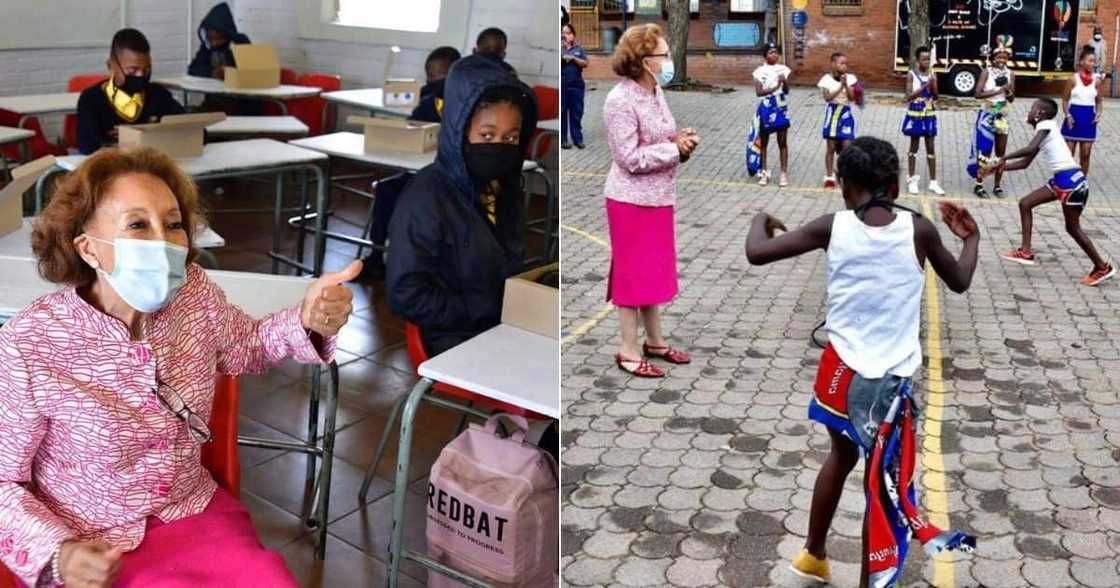 South Africa's 1st Lady, Dr. Tshepo Motsepe visits Kasi school to hand over shoes. Image: Facebook. South Africa's 1st Lady, Dr. Tshepo Motsepe visits Kasi school to hand over shoes. Image: Facebook.