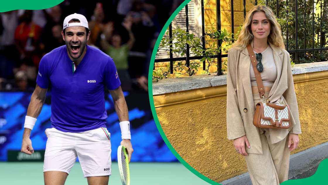 Matteo Berrettini celebrating after winning at Palacio de Deportes Jose Maria Martin Carpena (L) Matteo Berrettini's girlfriend, Federica Lelli (R).