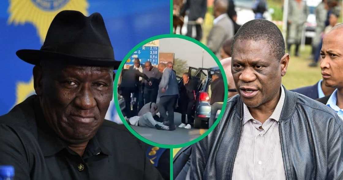 Collage image of Police Minister Bheki Cele and Deputy President Cyril Ramaphosa