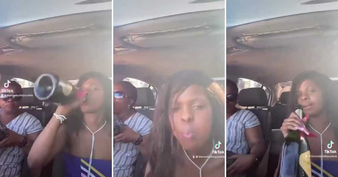 A lady guzzled some champagne straight from the bottle. A lady guzzled some champagne straight from the bottle.