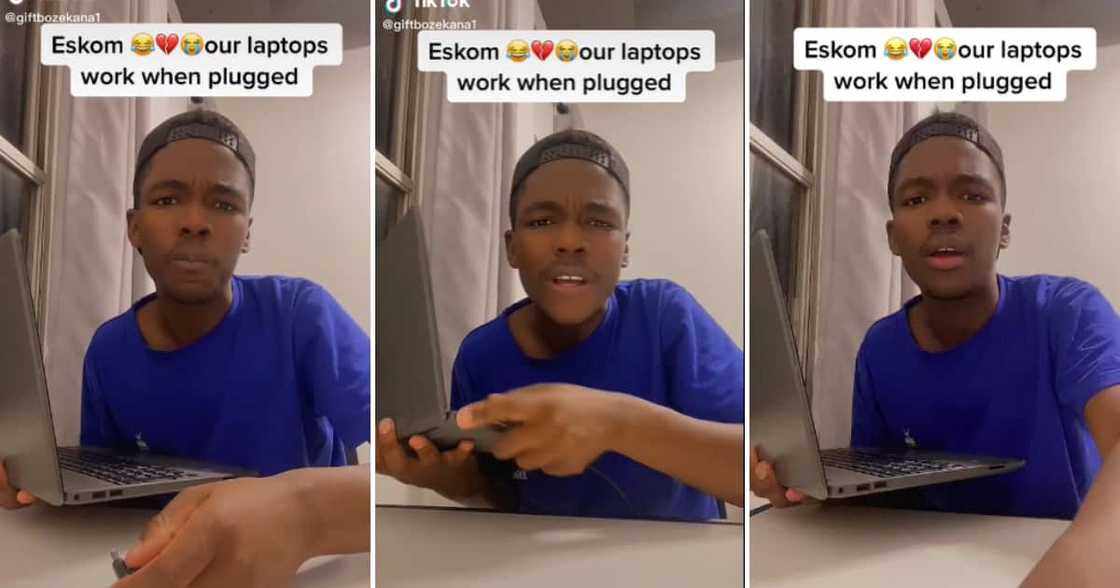 TikTok user Gift Kelton Bozekana telling Eskom that his laptop does not work during loadshedding TikTok user Gift Kelton Bozekana telling Eskom that his laptop does not work during loadshedding