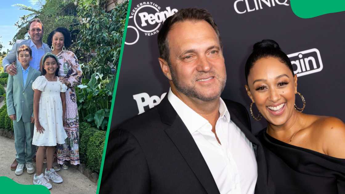 Adam Housley and Tamera Mowry with their kids (L). The couple during a 2024 event at Chain House (R)