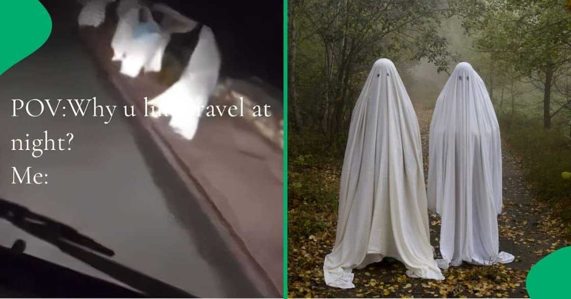 A car almost knocks people pretending to be ghosts.