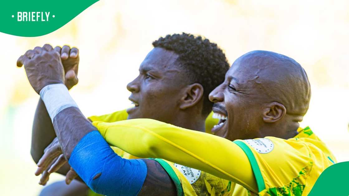 Image of 2 Mamelodi Sundowns celebrating after qualifying for the CAF Champions league final