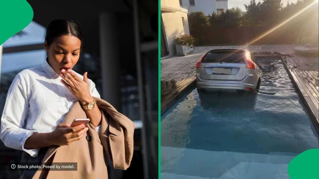 A TikTok video shows a Volvo car in a swimming pool, shocking many.