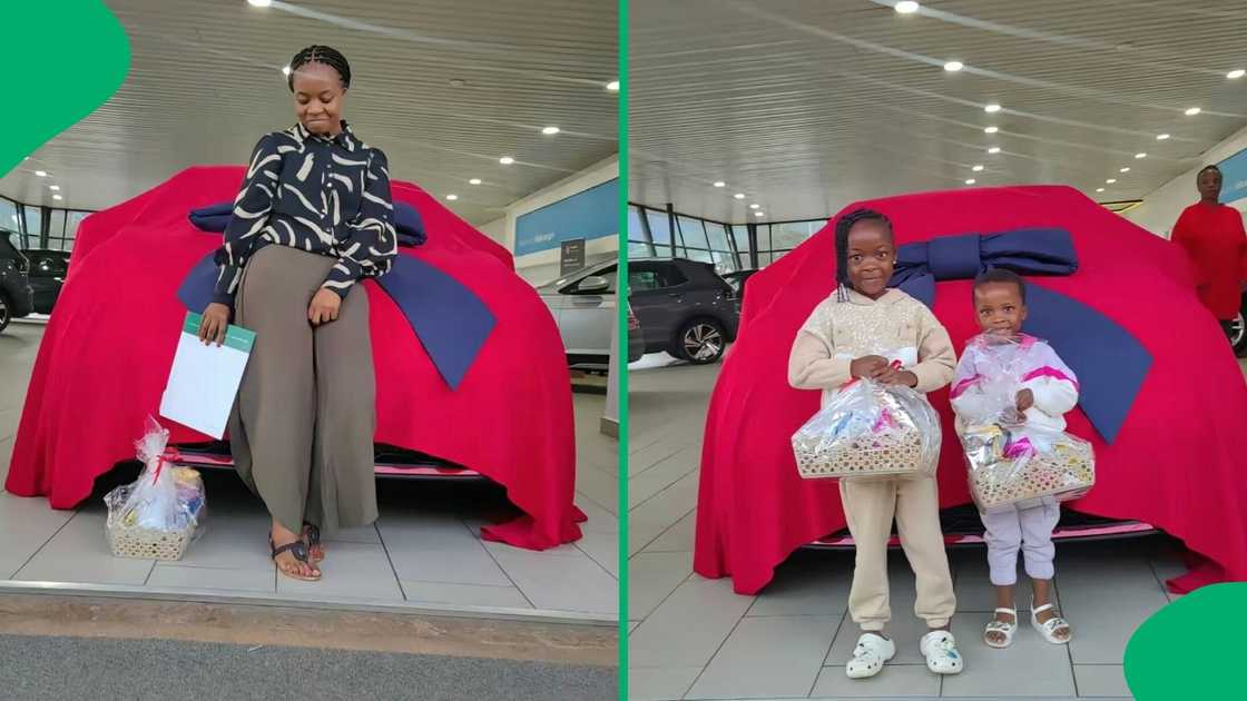 A TikTok video shows a woman collecting her new car with her kids.