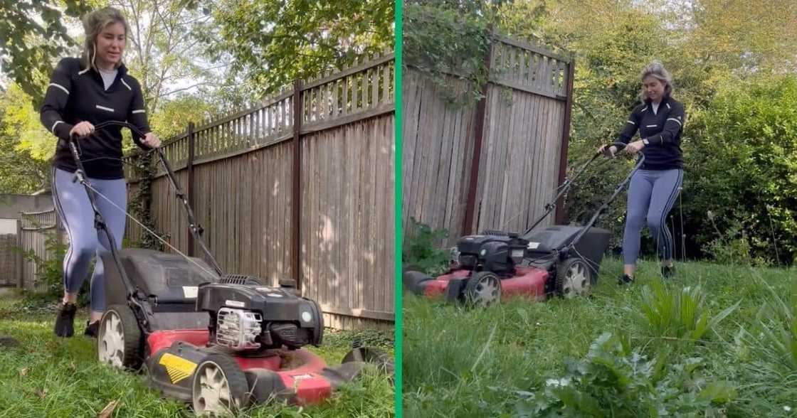 Rachel Kolisi flexes mowing her yard.