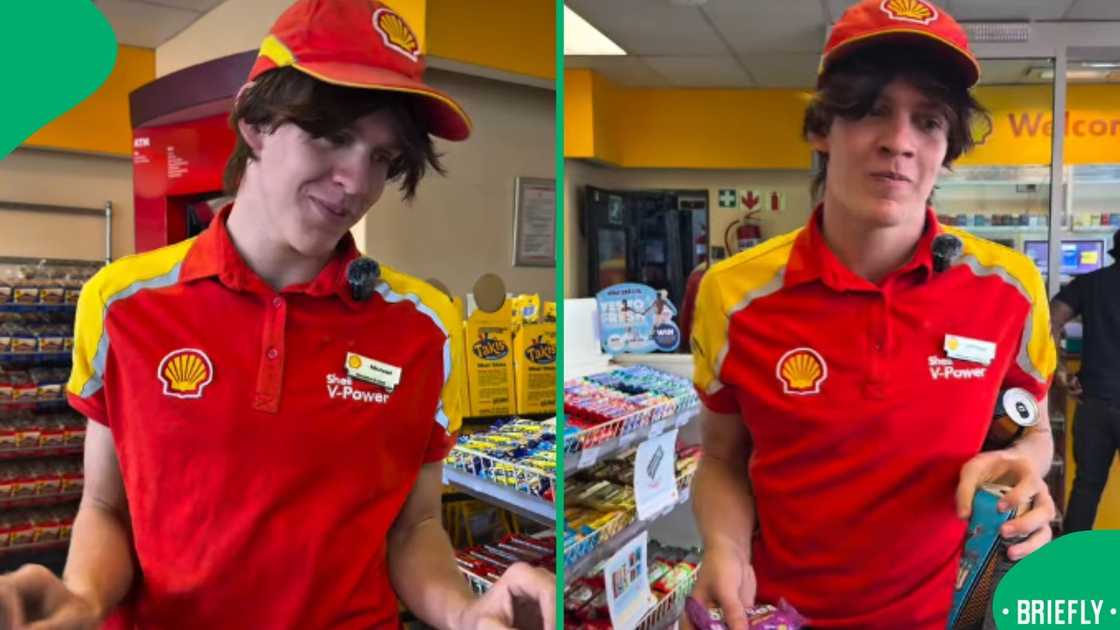 The visual on the right showed a petrol attendant inside a Shell garage store