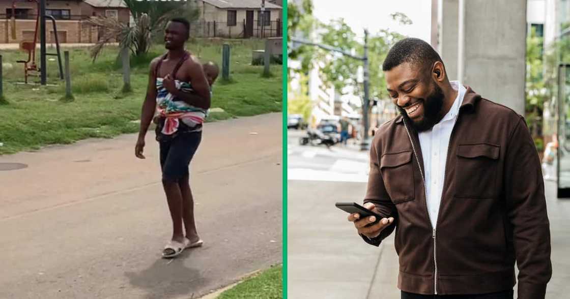 A man made Mzansi laugh and gush after he walked down the street carrying a baby on his back.