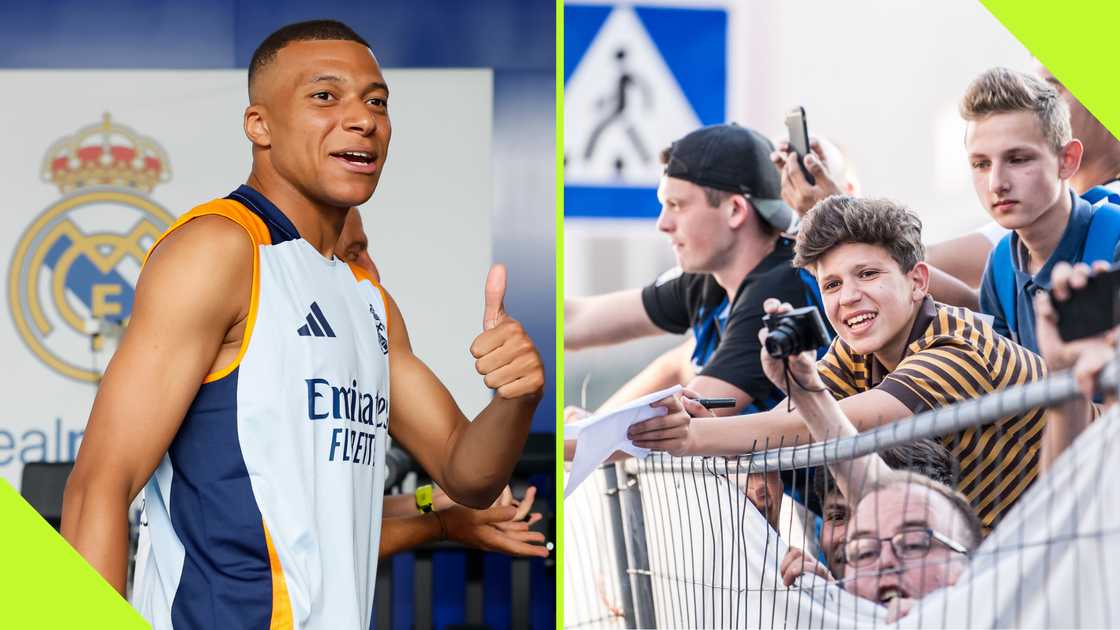 Kylian Mbappe enjoyed 'crazy' love from fans of Real Madrid, who queued in wait for the Frenchman's autograph. Images: Victor Carretero and Victor Carretero.