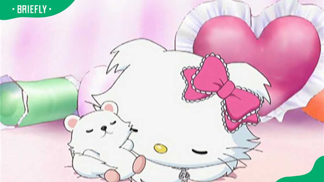 Charmmy Kitty holding a small white bear Charmmy Kitty holding a small white bear