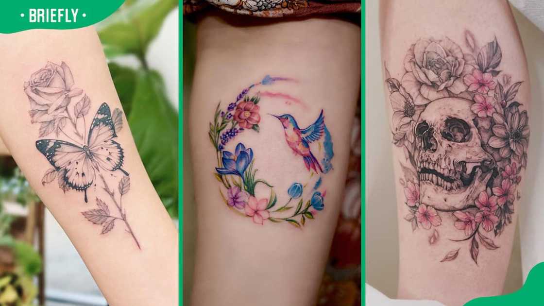 Flower and butterfly (L), hummingbirds and flowers (C), skull and flower tattoos (R) Flower and butterfly (L), hummingbirds and flowers (C), skull and flower tattoos (R)